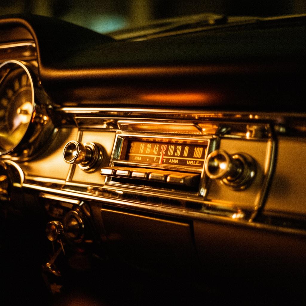 Vintage car radio dial glowing amber